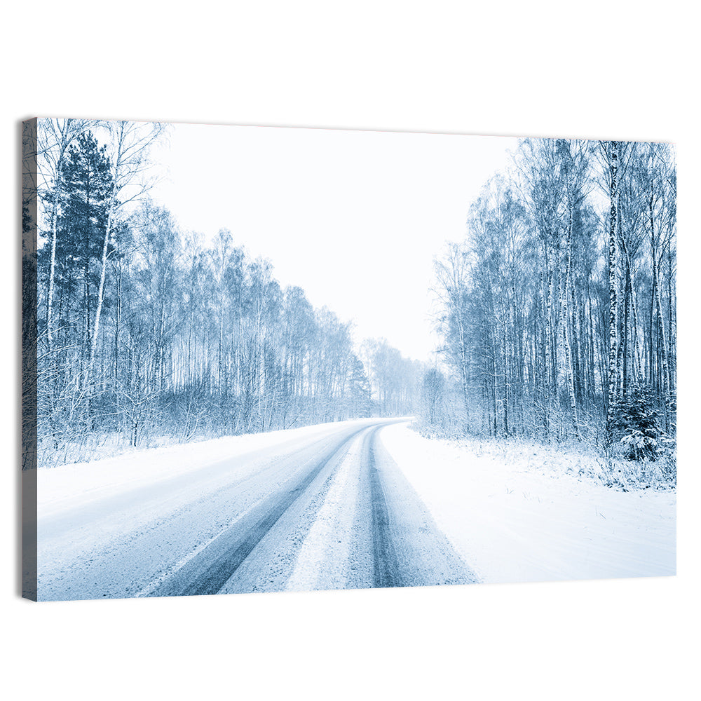 Tire Tracks on Snowy Road Wall Art, canvas print, landscape