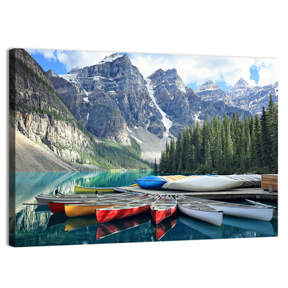 Moraine Lake Canoes at Lake Louise Wall Art
