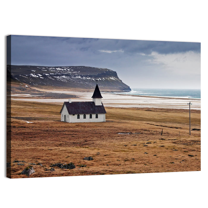 Icelandic Church with Dark Steeple Wall Art as a canvas print