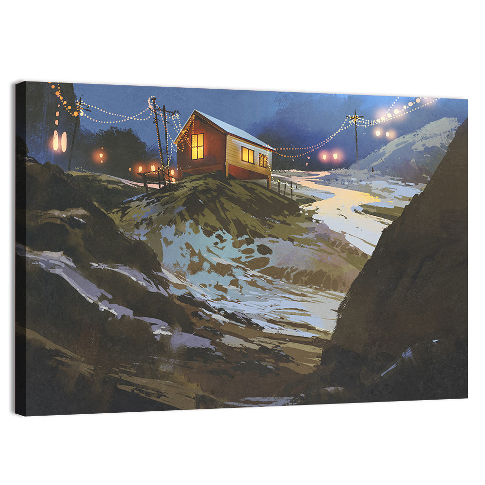 Wooden Cabin in Snowy Mountains Wall Art, canvas print, landscape