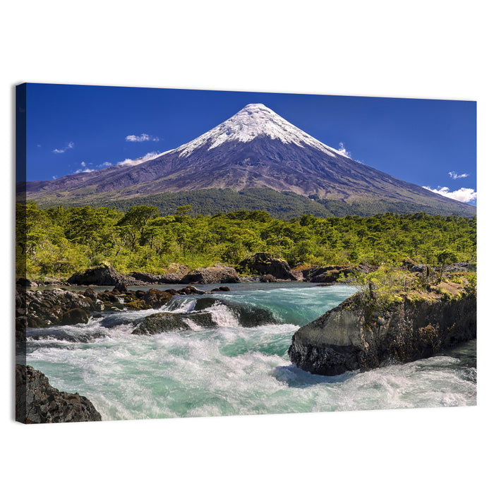 Osorno Volcano Over Petrohue Rapids Wall Art as a canvas print