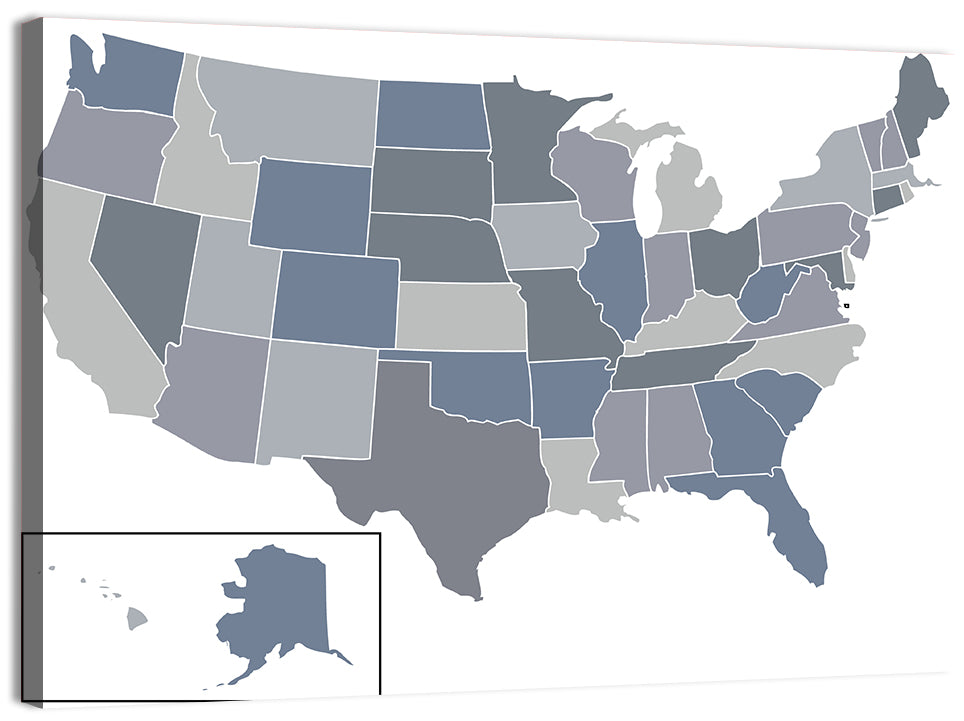 Minimalist USA Map in Blue and Grey Wall Art, canvas print, landscape