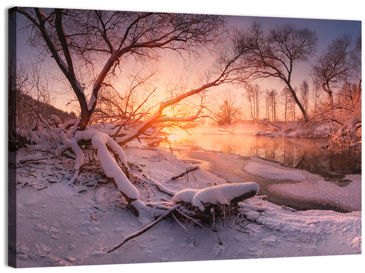 Sunset Over Snowy Forest Lake Wall Art