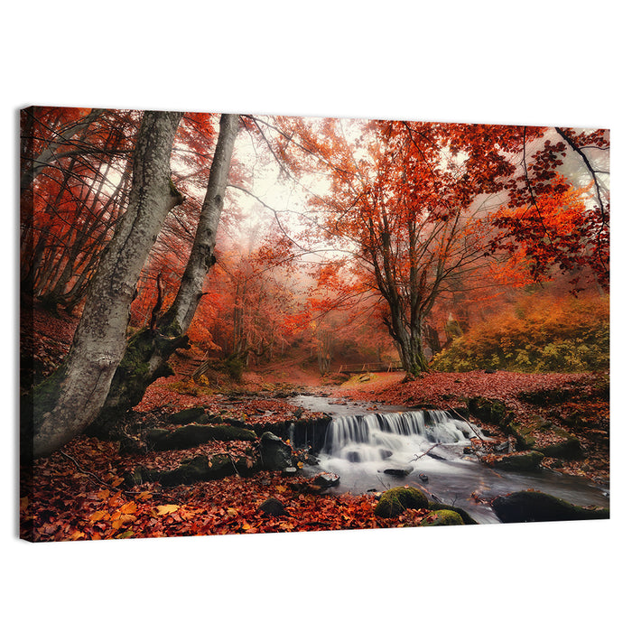 Autumn Forest Stream with Footbridge Wall Art as a canvas print