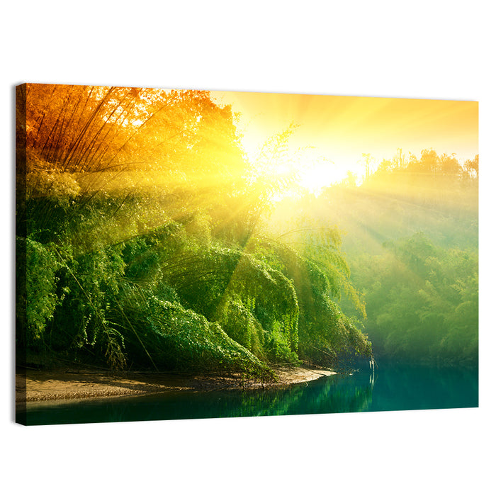 Golden Bamboo Riverbank Wall Art as a canvas print