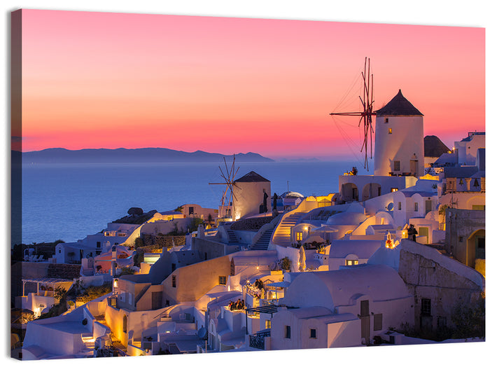 Oia Windmills at Dusk Wall Art as a canvas print