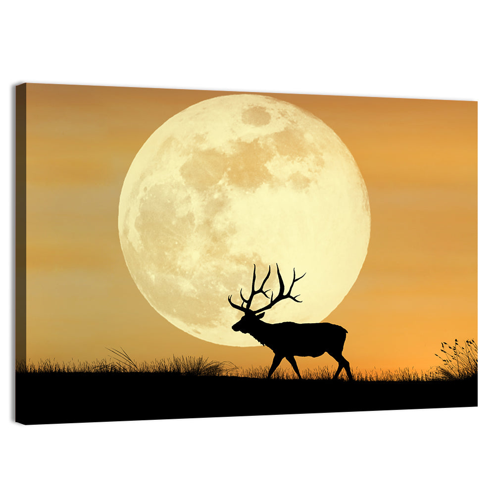 Bull Elk Silhouette Under Supermoon Wall Art, canvas print, landscape