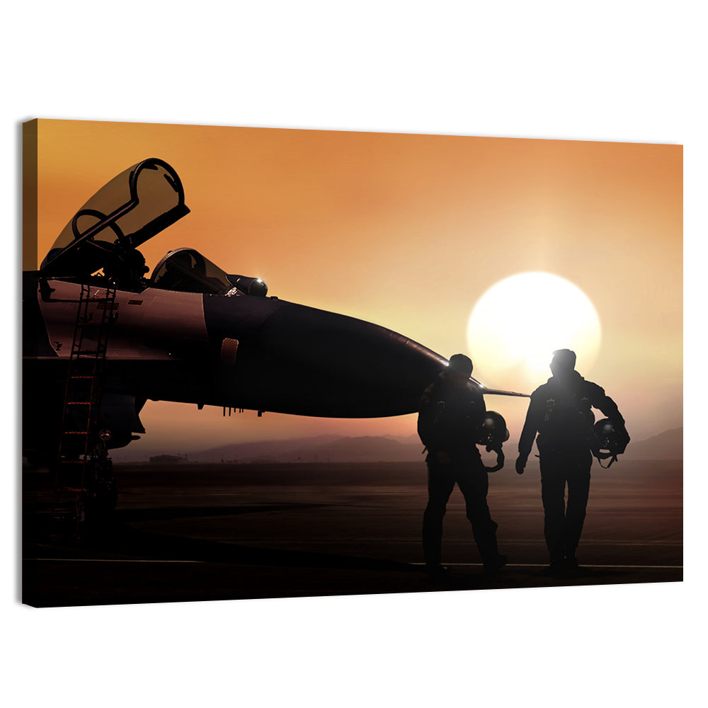 Pilots and Supersonic Jet at Sunset Wall Art, canvas print, landscape