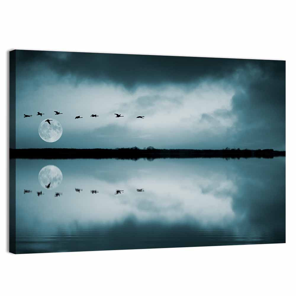 Moonlit Flock Over Lake Wall Art