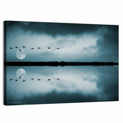 Moonlit Flock Over Lake Wall Art