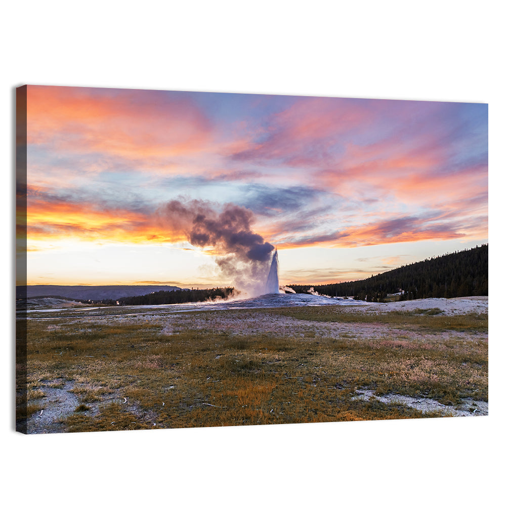 Old Faithful Erupting at Sunset Wall Art, canvas print, landscape
