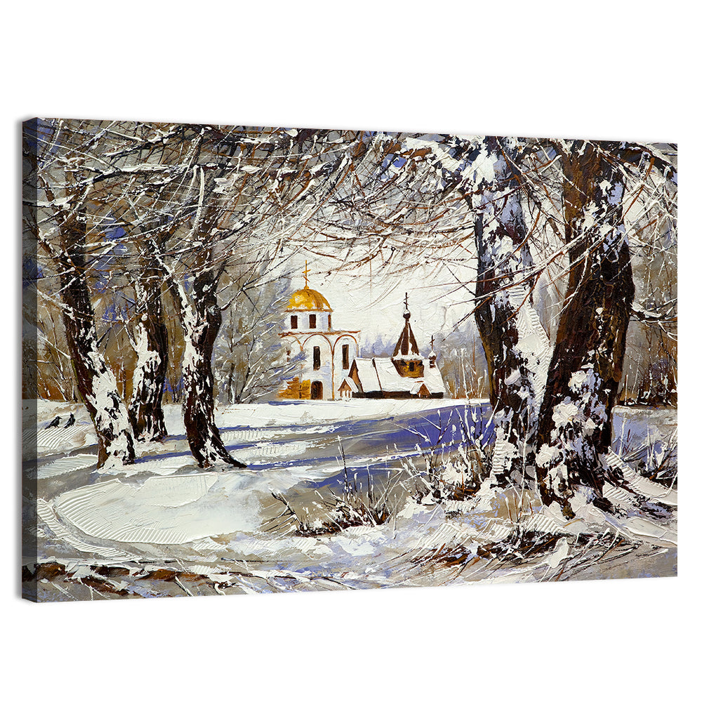 Winter Church with Gold Dome Wall Art, canvas print, landscape