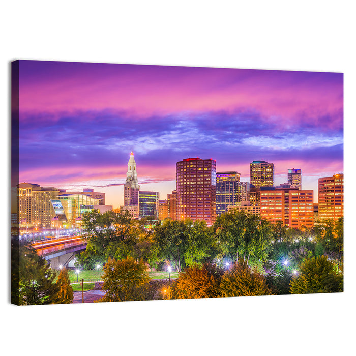 Hartford Skyline at Dusk Wall Art as a canvas print