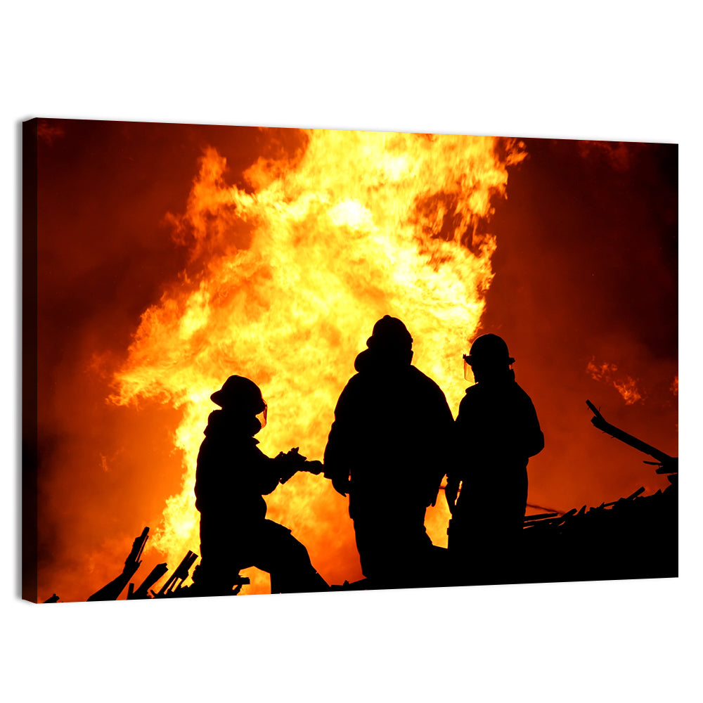 Firefighters Silhouetted Against Flames Wall Art