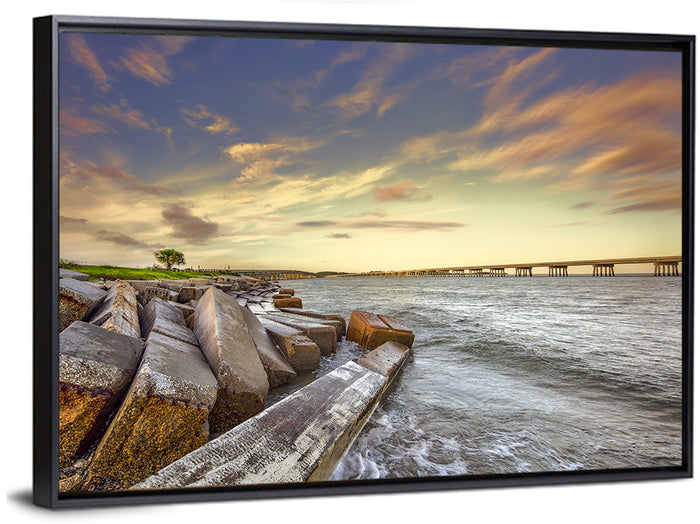Nassau County Causeway at Sunset Wall Art as a framed canvas