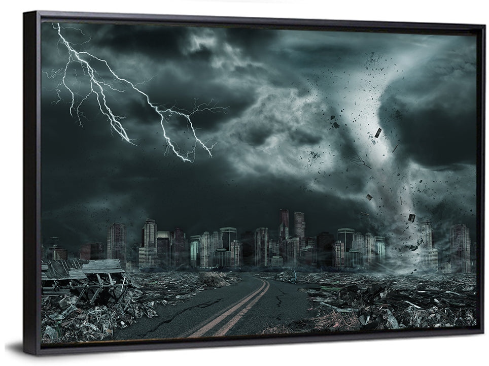 Tornado Over Destroyed City Skyline Wall Art