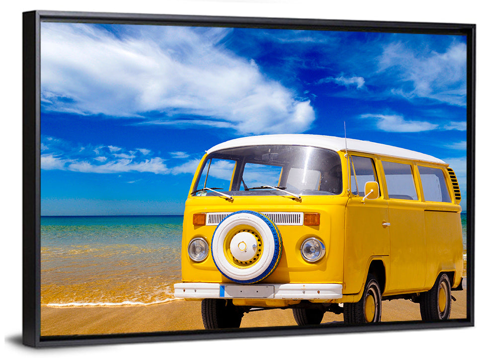 Yellow Vintage Van on Beach Wall Art