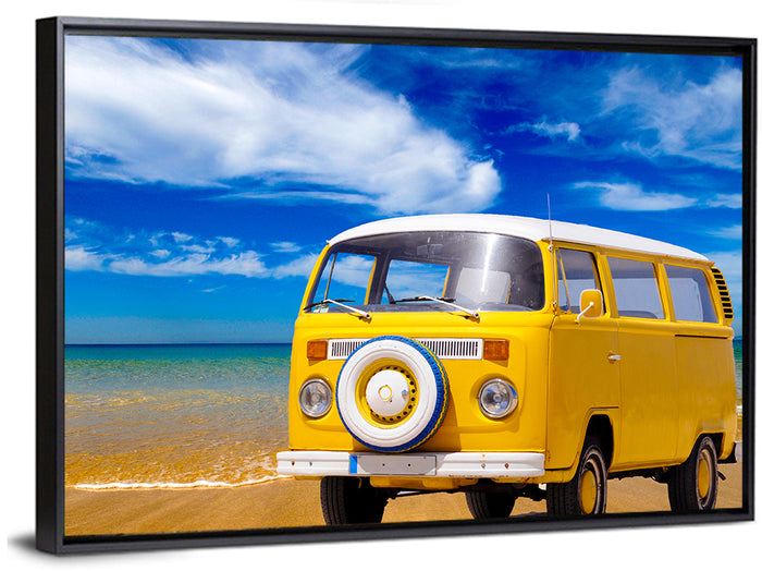 Yellow Vintage Van on Beach Wall Art as a framed canvas