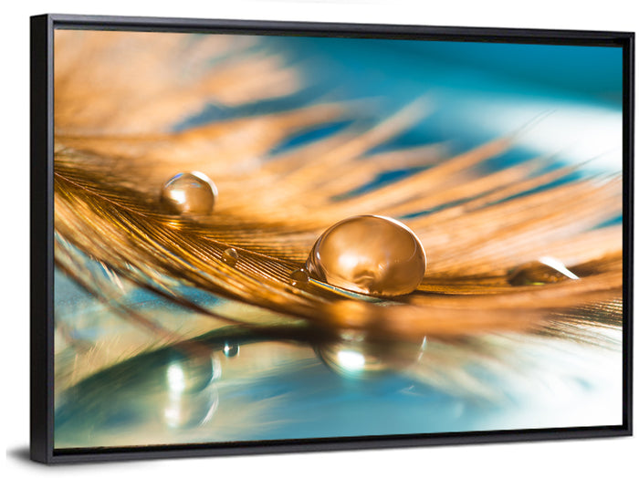 Golden Feather with Droplets Wall Art as a framed canvas