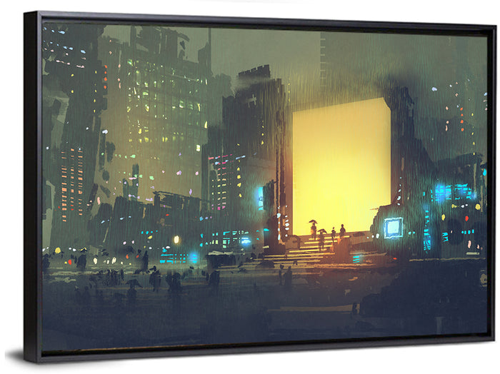 Rainy Night City with Glowing Portal Wall Art as a framed canvas