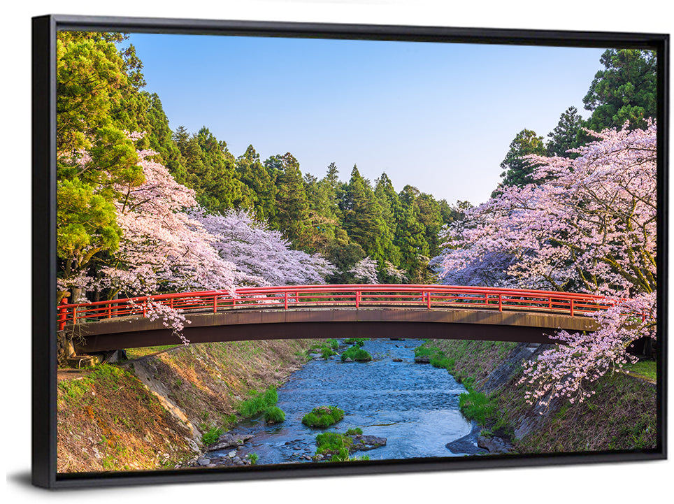 Arched Red Bridge with Cherry Blossoms Wall Art