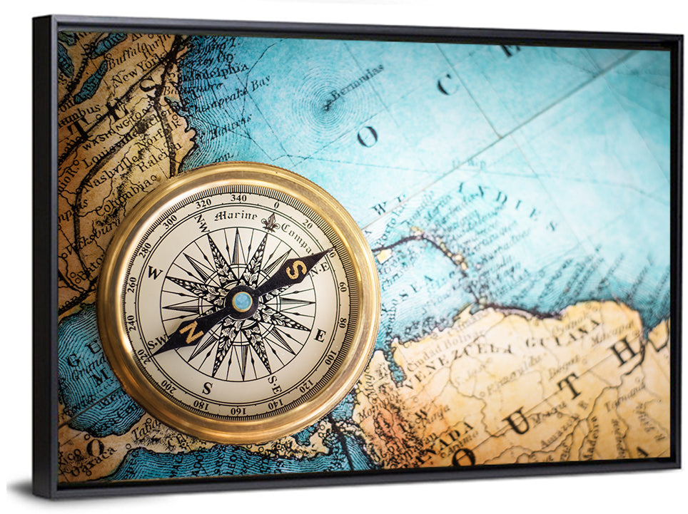 Vintage Compass Over Atlantic Map Wall Art