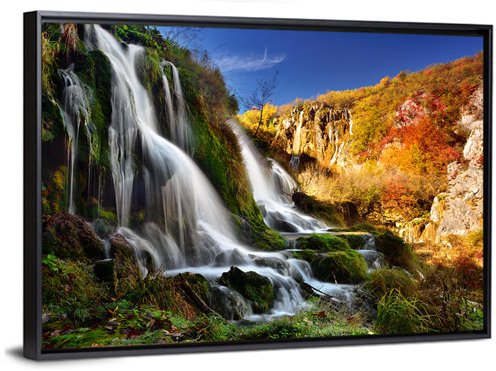 Plitvice Lakes Waterfall Wall Art as a framed canvas