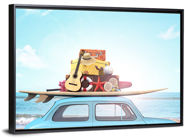 Vintage Car with Surfboard Wall Art as a framed canvas