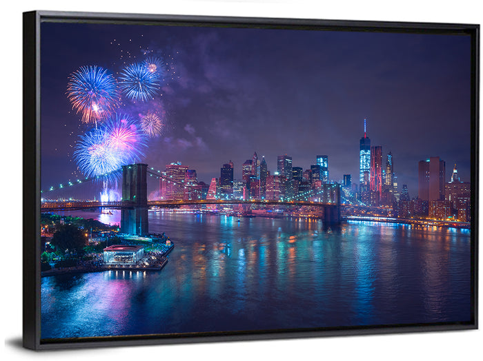 Fireworks Over Brooklyn Bridge Wall Art as a framed canvas