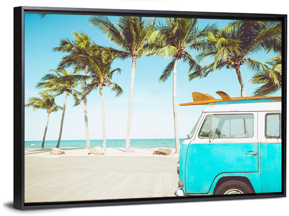 Vintage Vw Bus on Tropical Beach Wall Art