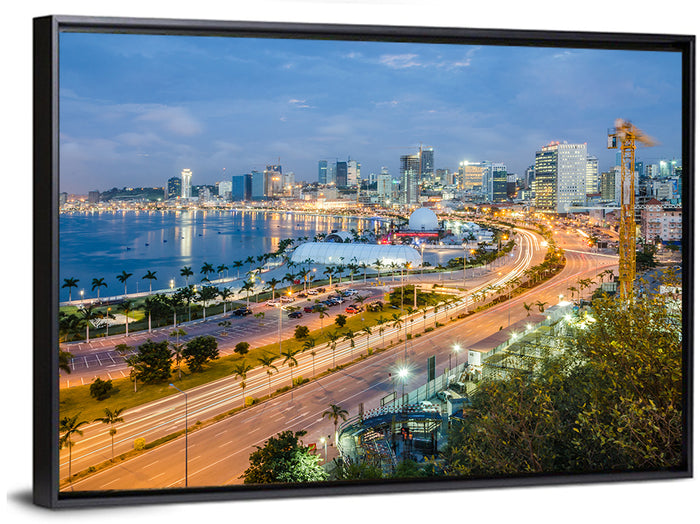 Luanda Bay Twilight Skyline Wall Art as a framed canvas
