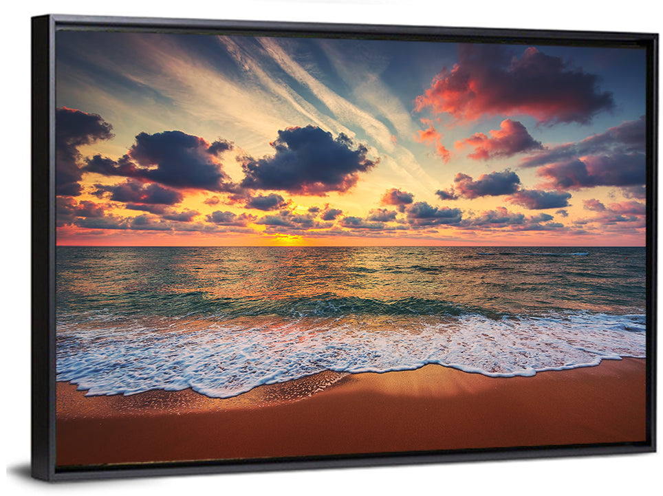 Golden Hour Beach Waves Under Cloudy Sky Wall Art