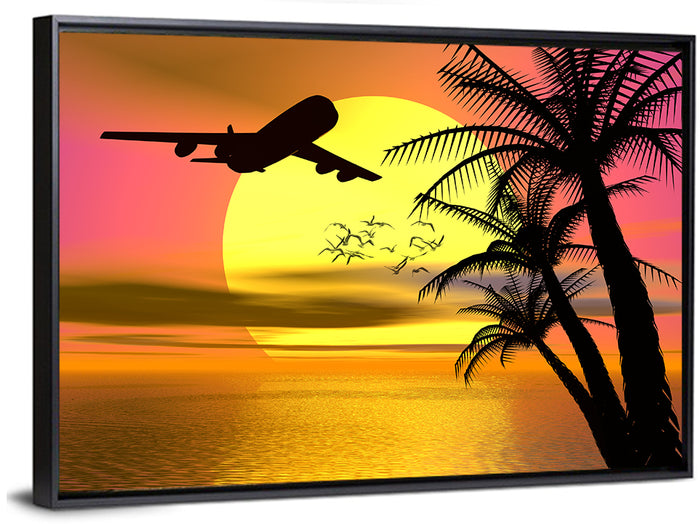 Wide-body Airplane Over Caribbean Dusk Wall Art as a framed canvas