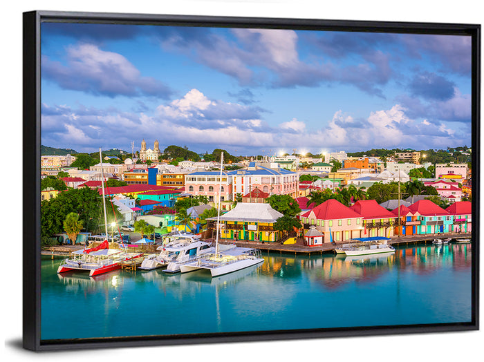 St. John’s Harbor at Golden Dusk Wall Art as a framed canvas
