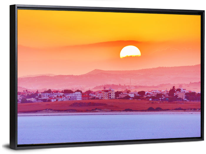 Golden Salt Lake Sunset Wall Art as a framed canvas