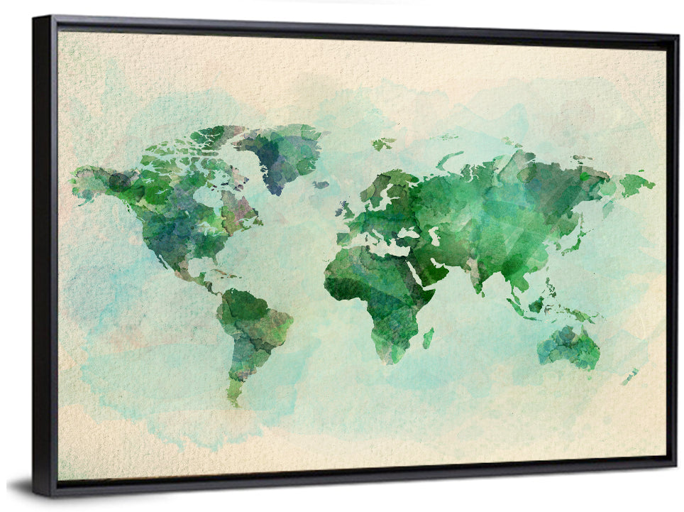 Green Watercolor World Map Wall Art