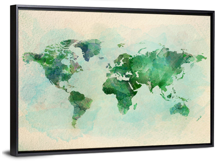 Green Watercolor World Map Wall Art as a framed canvas