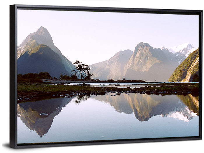Mitre Peak Reflection at Milford Sound Wall Art as a framed canvas