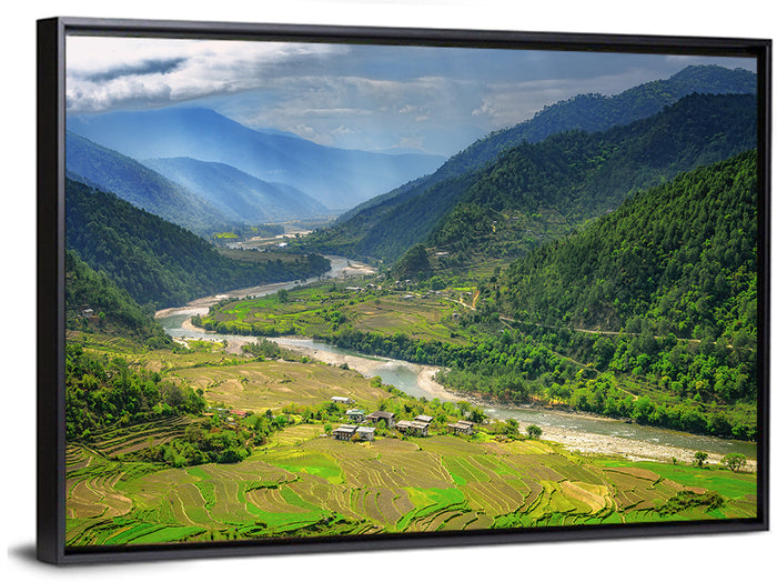 Punakha River Valley with Terraced Rice Fields Wall Art as a framed canvas
