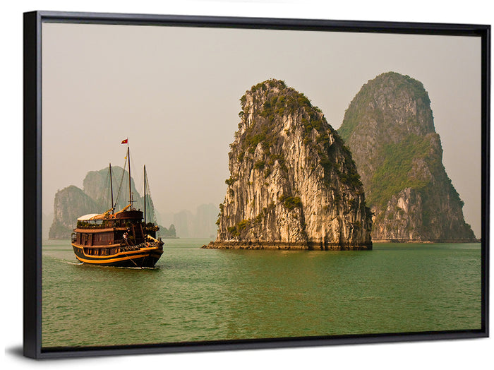Ha Long Bay Junk Boat and Karst Cliffs Wall Art as a framed canvas