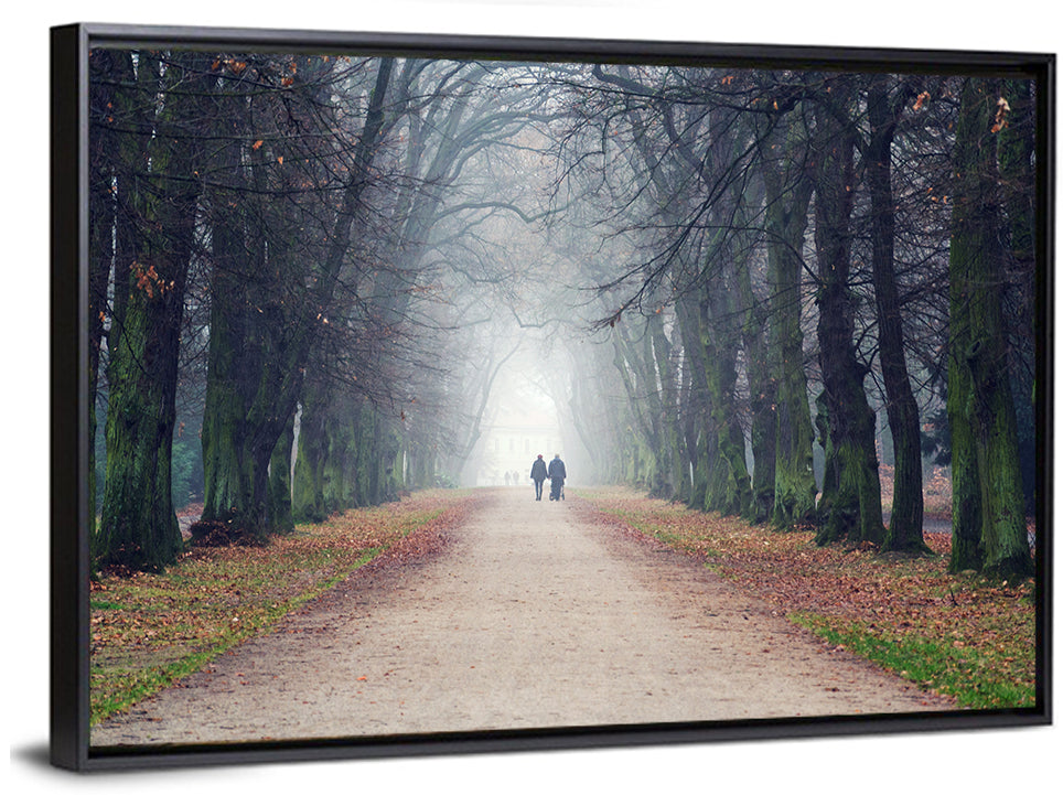 Foggy Tree Lined Walkway in Autumn Wall Art