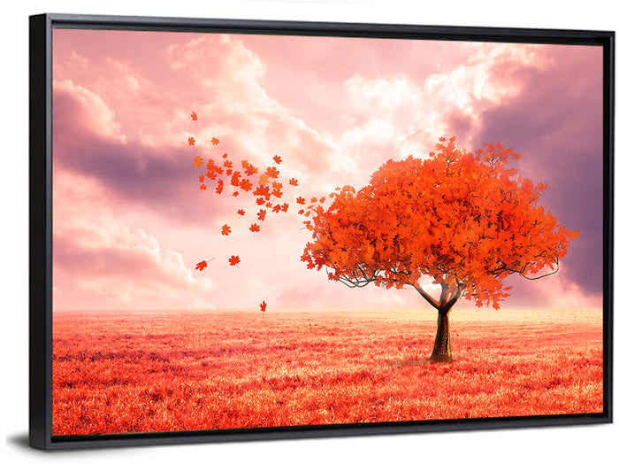 Windblown Red Autumn Tree Wall Art as a framed canvas