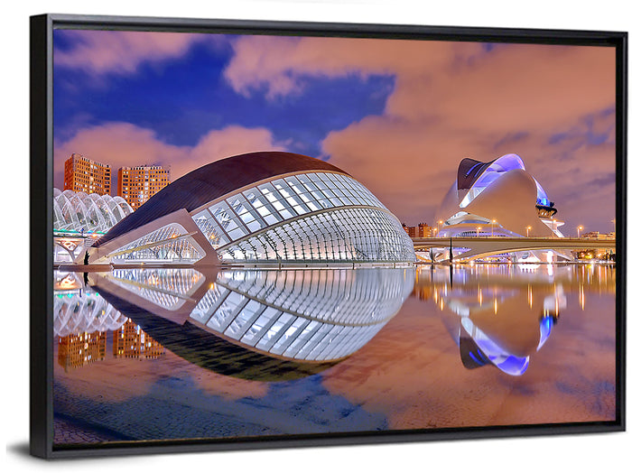 Valencia City of Arts and Sciences Twilight Wall Art as a framed canvas