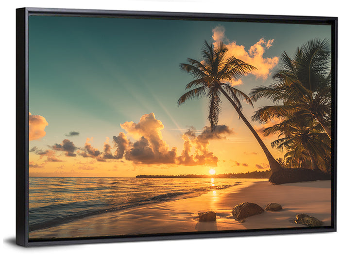 Golden Hour Palm Beach Sunset Wall Art as a framed canvas