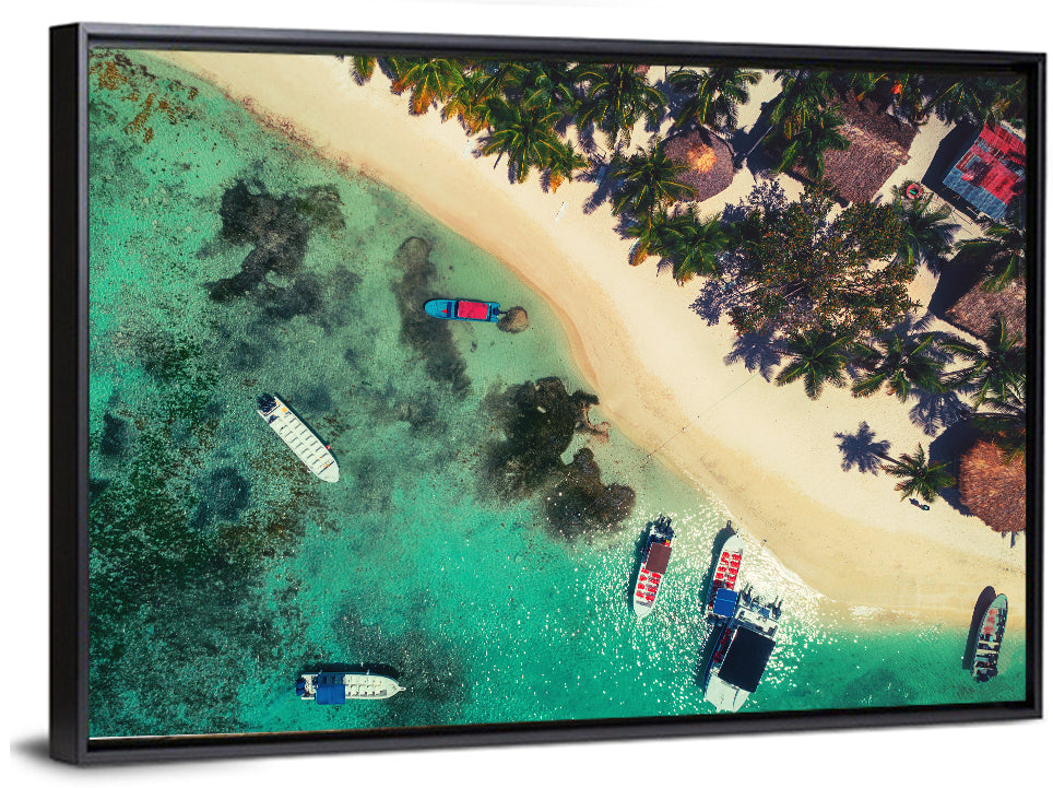 Aerial Tropical Shoreline with Six Boats Wall Art