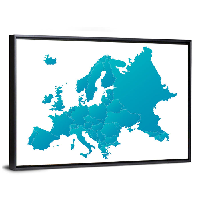 Teal Gradient Europe Map Wall Art as a framed canvas