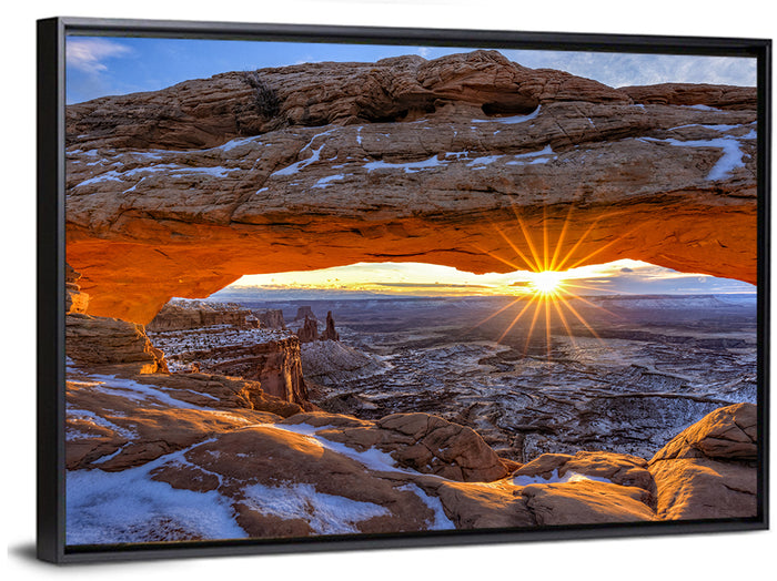 Sunrise at Mesa Arch Wall Art as a framed canvas