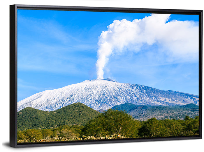Snow-capped Mount Etna with Volcanic Plume Wall Art as a framed canvas