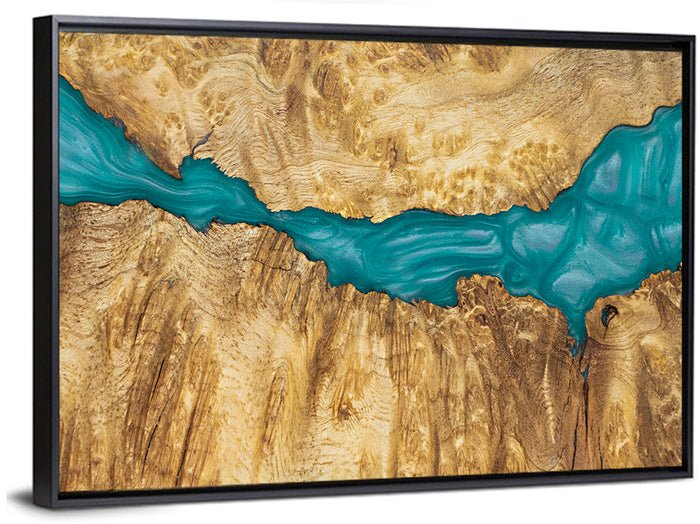 Burled Wood River with Teal Resin Wall Art as a framed canvas