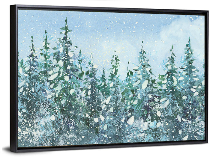 Snowy Spruce Forest Wall Art as a framed canvas